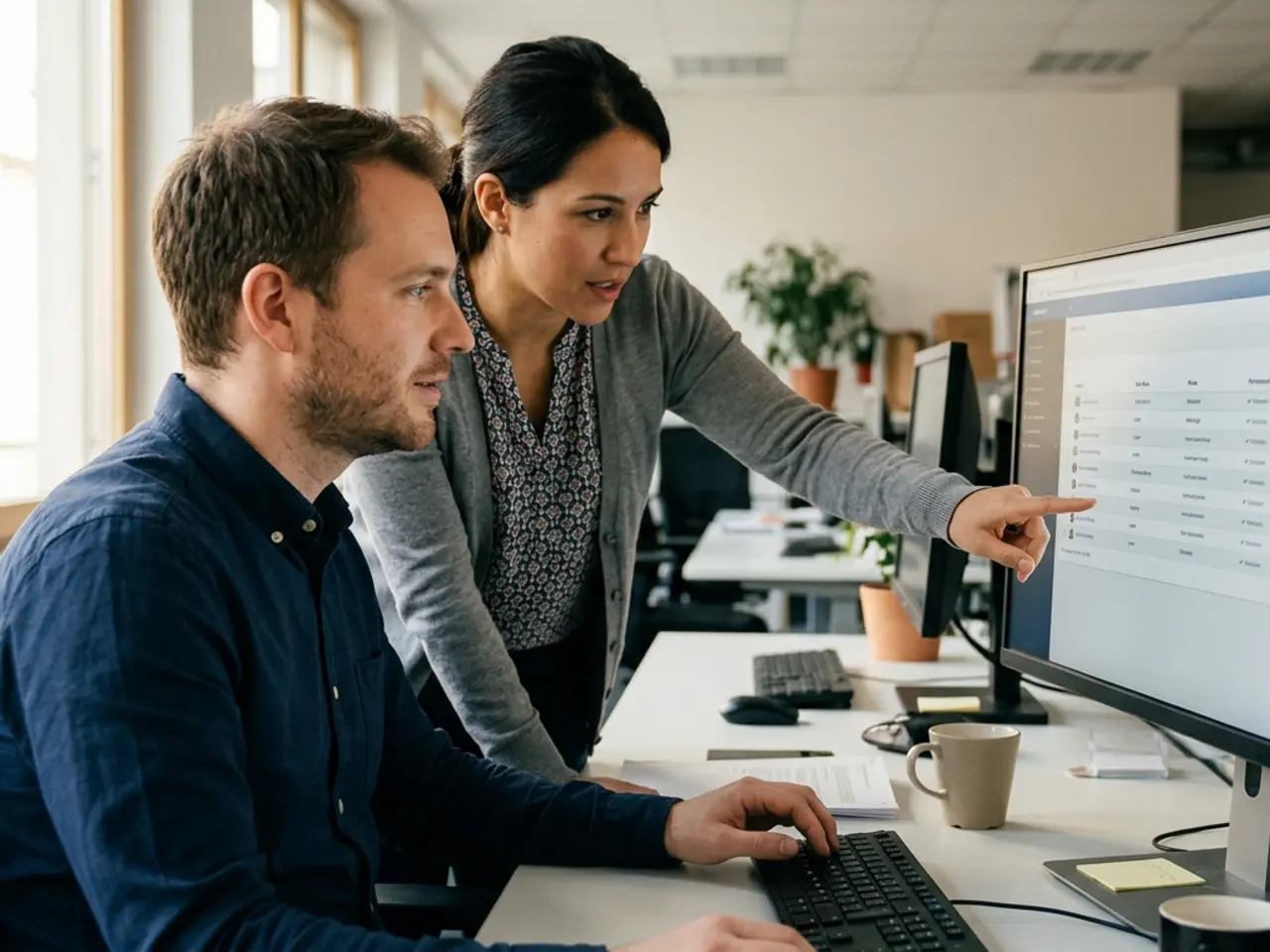 Administrator reviewing the table of users with their roles and permissions while a colleague points at a row