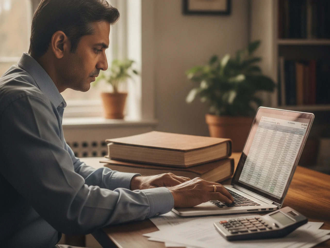 Comptable examinant un bilan et des états financiers sur l’écran d’un ordinateur portable, avec des livres de comptes et une calculatrice sur le bureau
