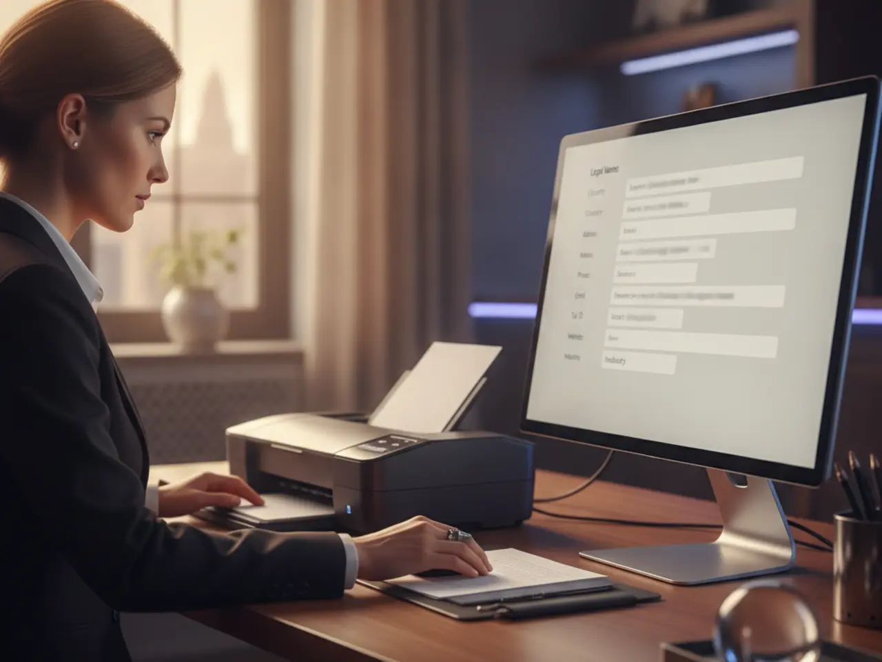 Legal assistant beside a scanner with a monitor showing the data extracted from the documents