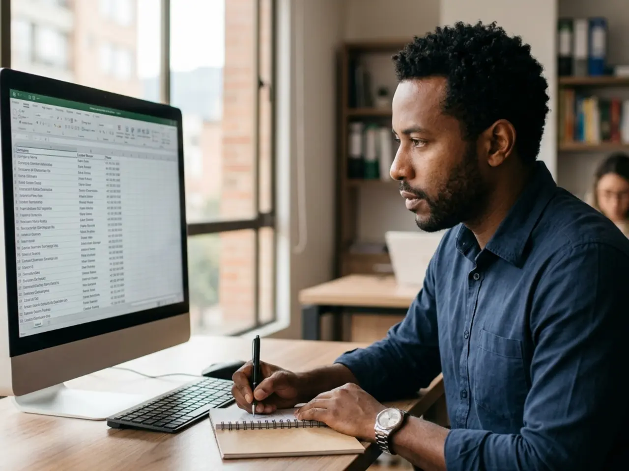 Sales executive reviewing a list of prospect companies on his monitor and taking notes in a notebook