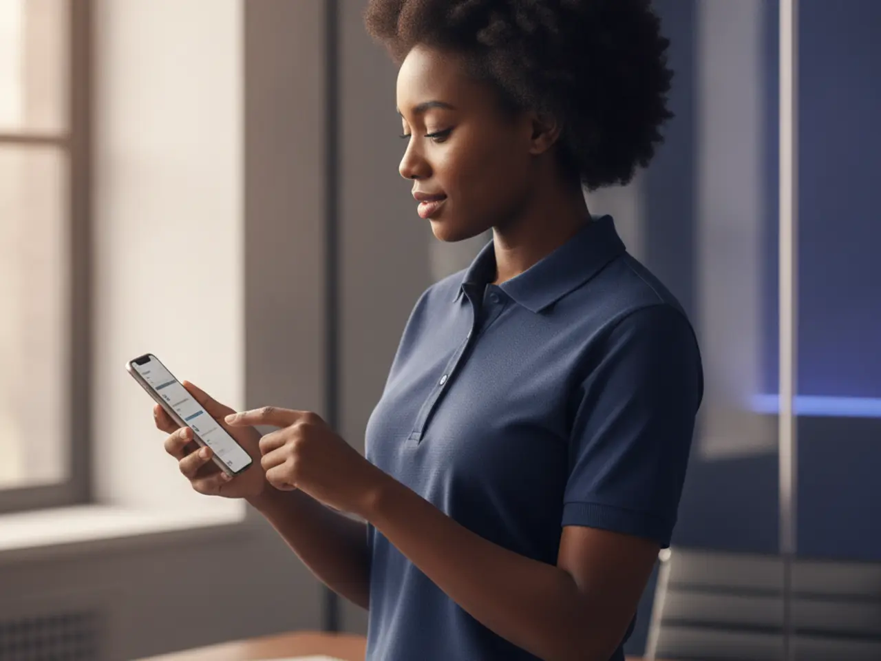 Cliente portant un polo d’entreprise bleu et demandant un devis par chat sur son smartphone
