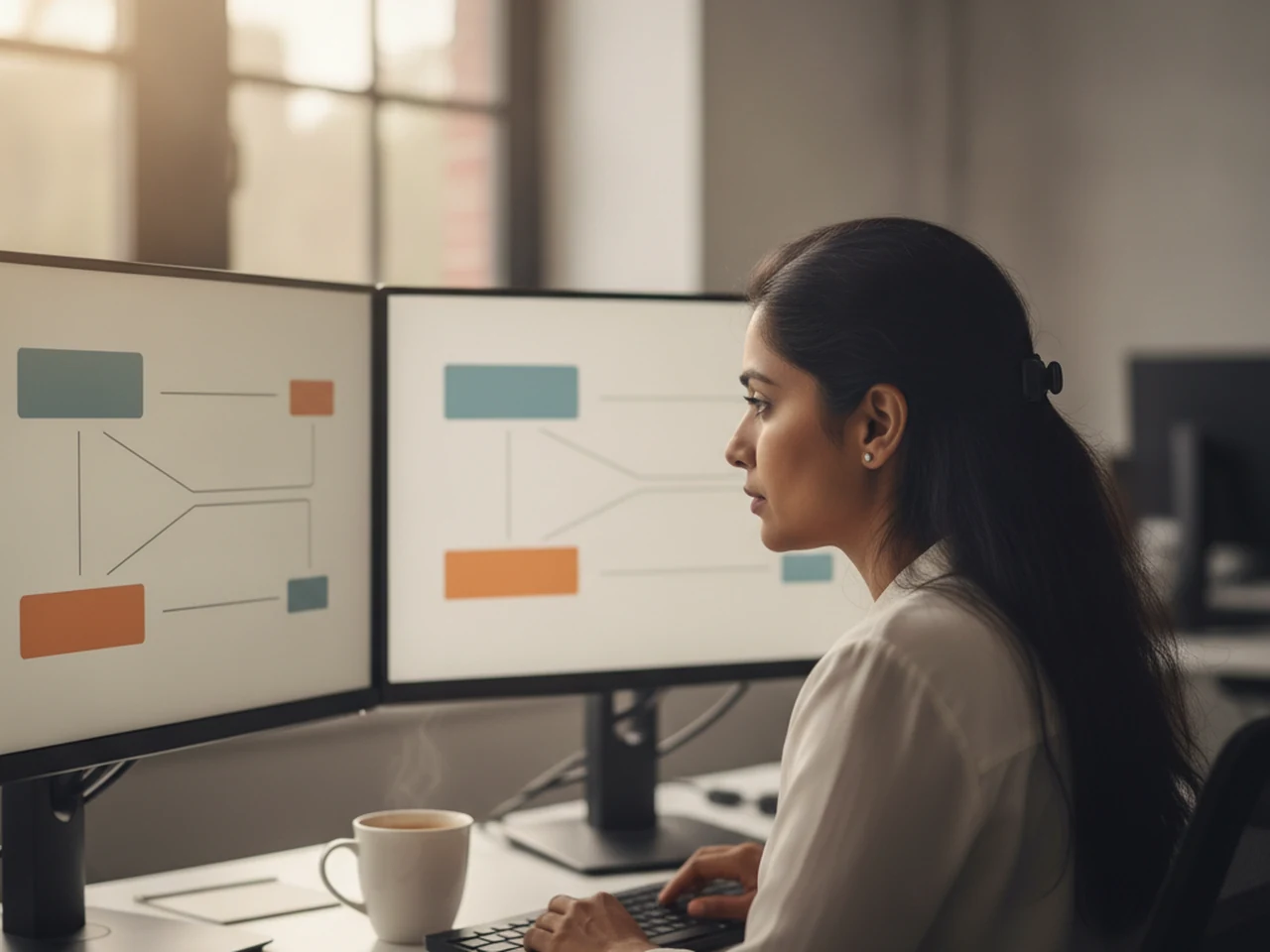 Desenvolvedora conectando no computador os sistemas de uma empresa por meio de uma interface de integração, com uma xícara de café e um caderno ao lado do teclado