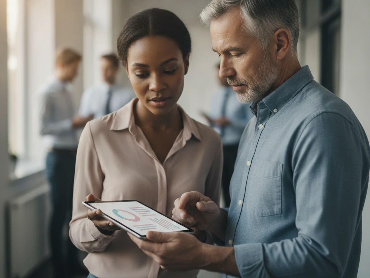 HR manager and an older supervisor looking together at a team dashboard with colored bars on a tablet, in a bright office hallway with people working in the background