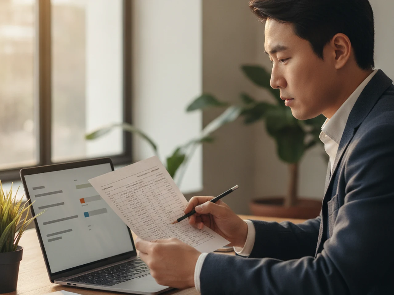 Accountant comparing a printed statement with the movements on his laptop screen, marking a line with a pencil in a bright office with plants