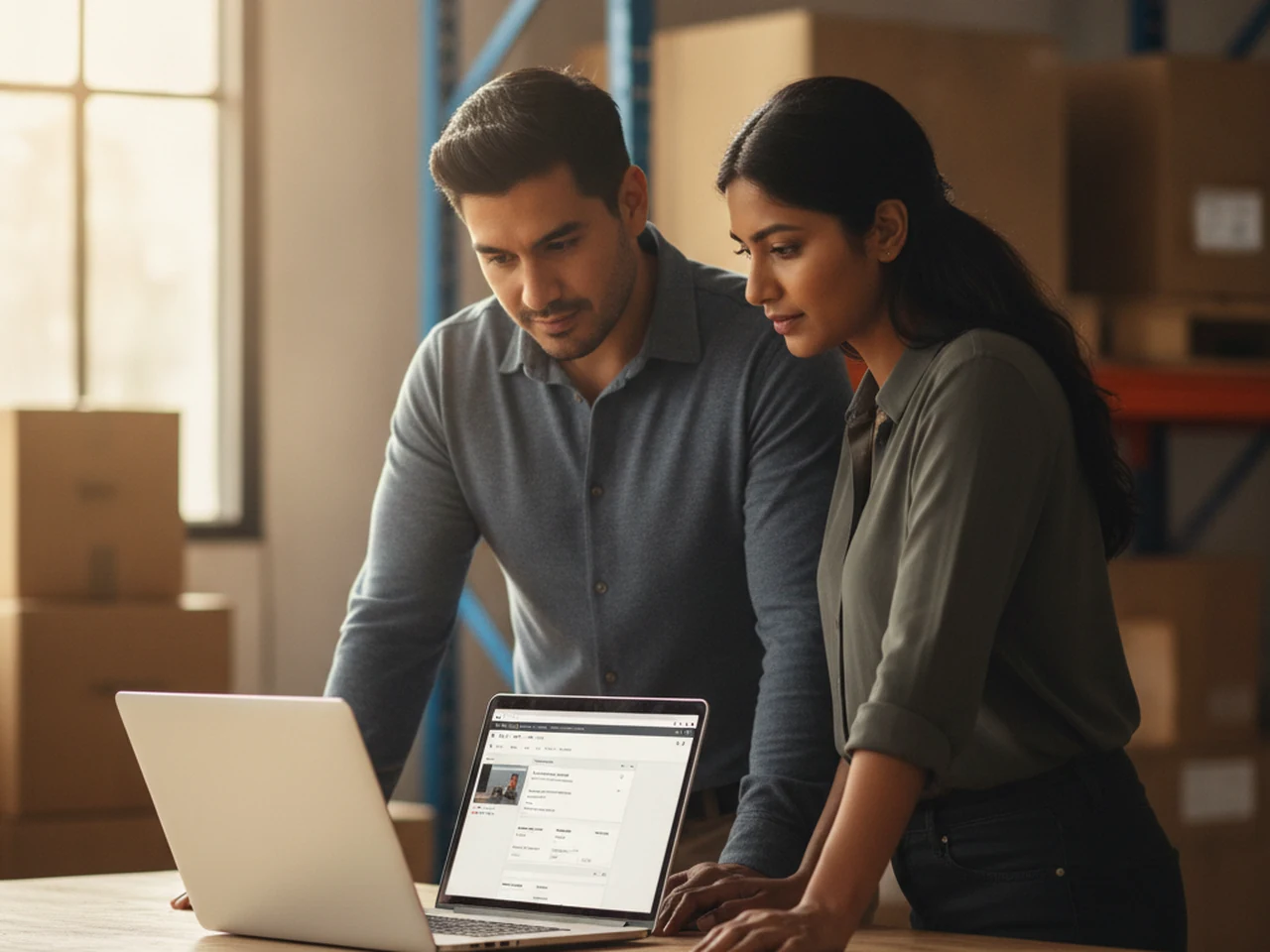 Two partners from different companies reviewing a shared catalog and a purchase order travelling between their companies on a laptop