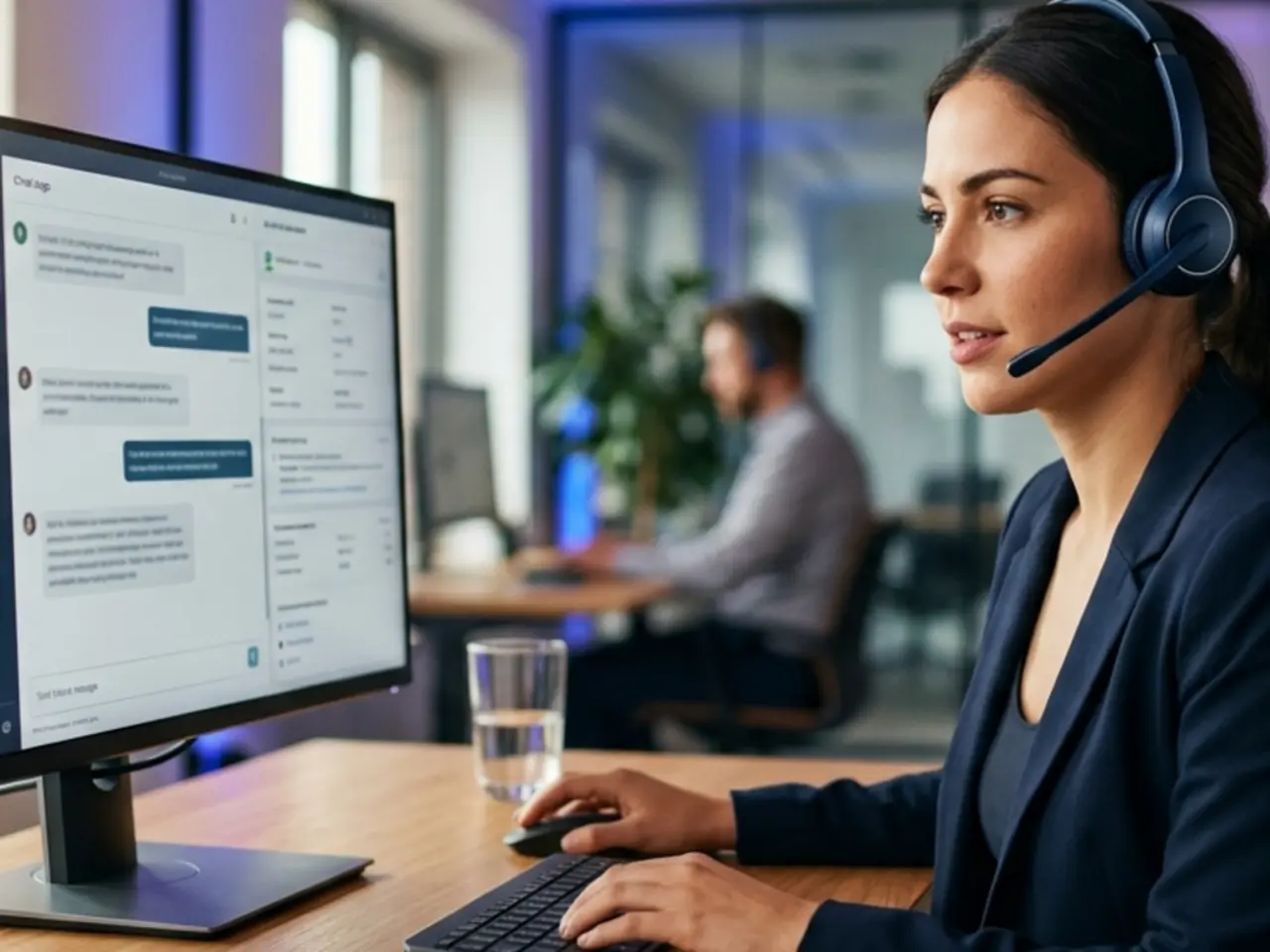 Customer support agent wearing a headset in front of a monitor showing a virtual assistant’s conversations