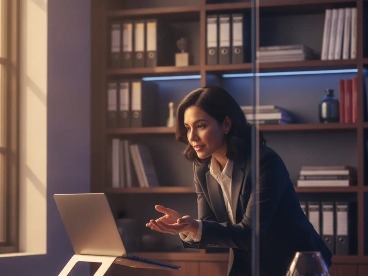 Gerente consultando um assistente de conhecimento da empresa no laptop, com estantes de arquivos ao fundo