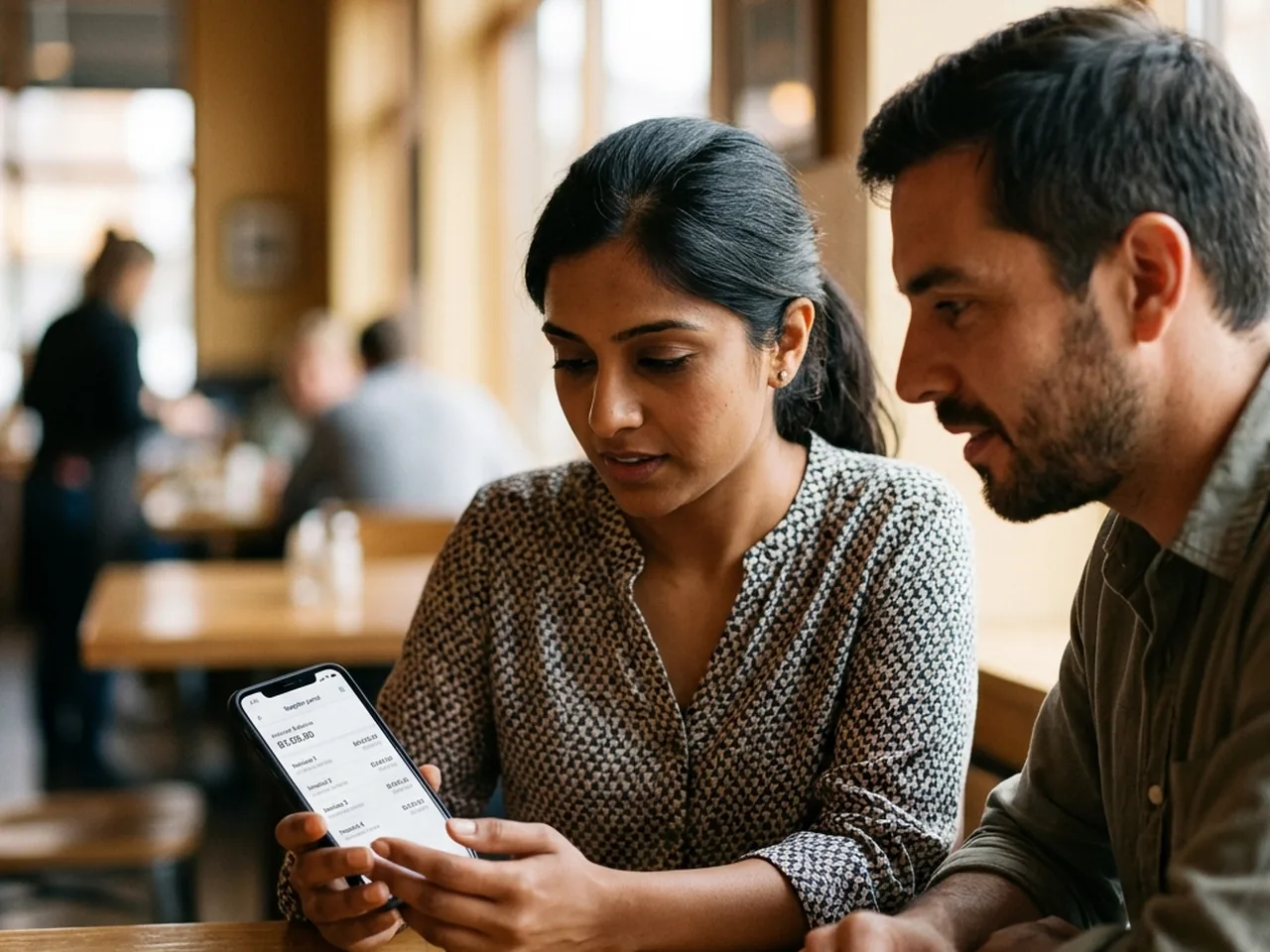 A customer sitting in a café checks her invoices and account balance on her phone in a supplier’s portal while a colleague looks on beside her