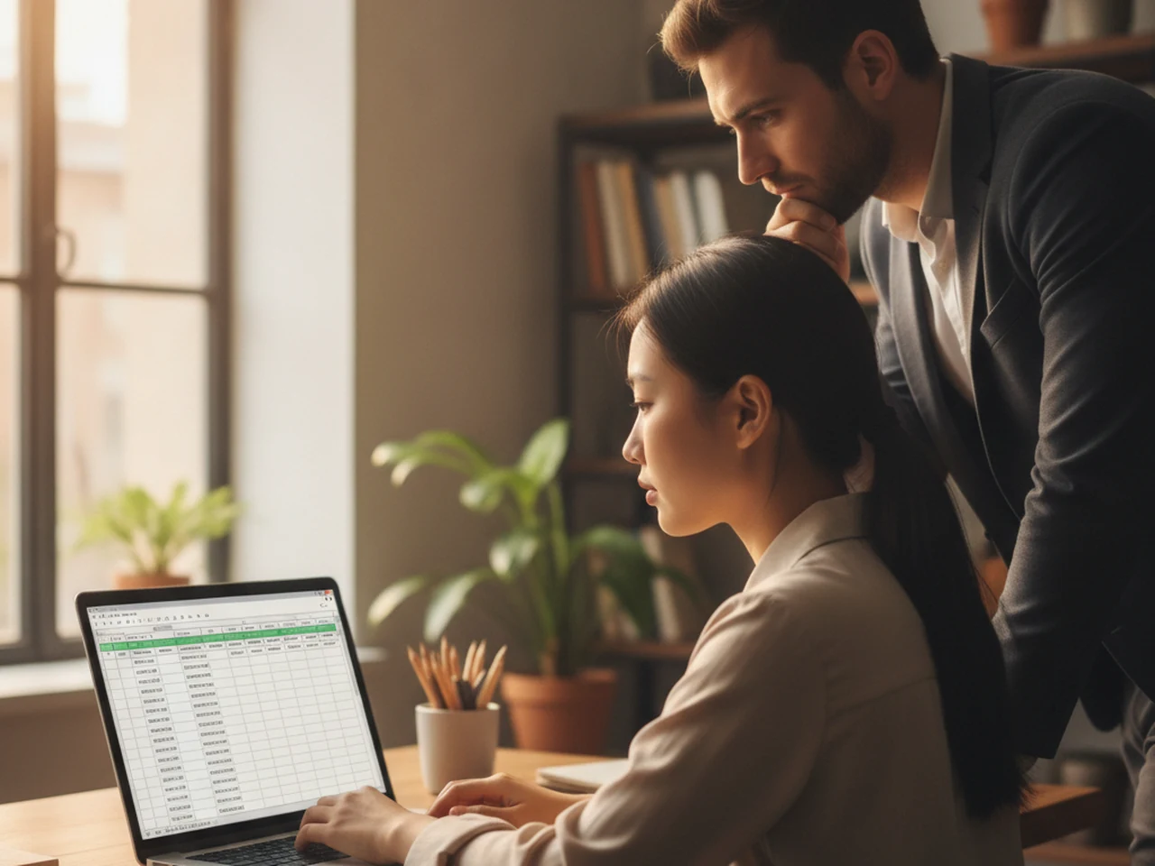 Analyst reviewing on her laptop an Excel spreadsheet with the preview of a data import, with the validated rows on screen