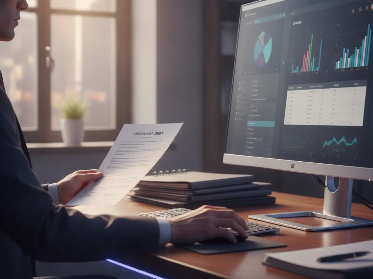 Collections analyst reviewing a printed debt certificate in front of a case dashboard