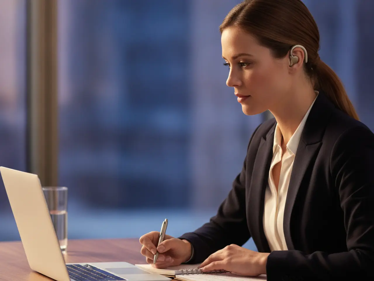 Professional following an online course on her laptop while taking notes