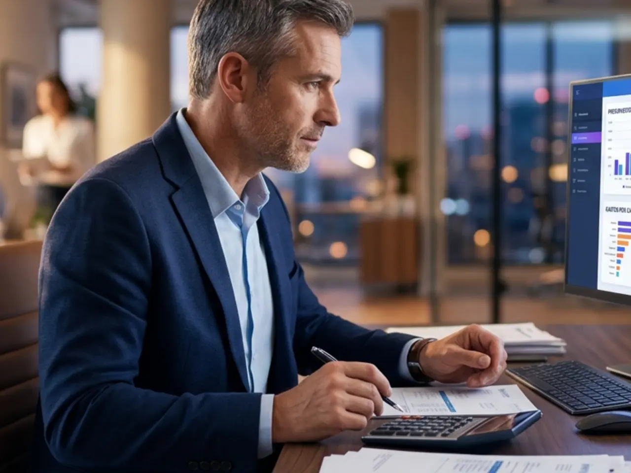 Finance manager with a calculator in front of a budget versus actual spending dashboard