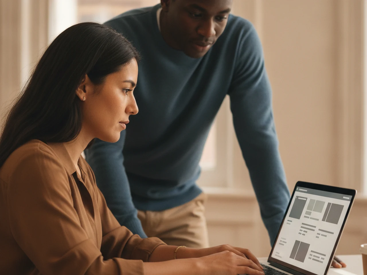 Two customer support agents in a bright office review the help case inbox on a screen and draft a reply to a customer
