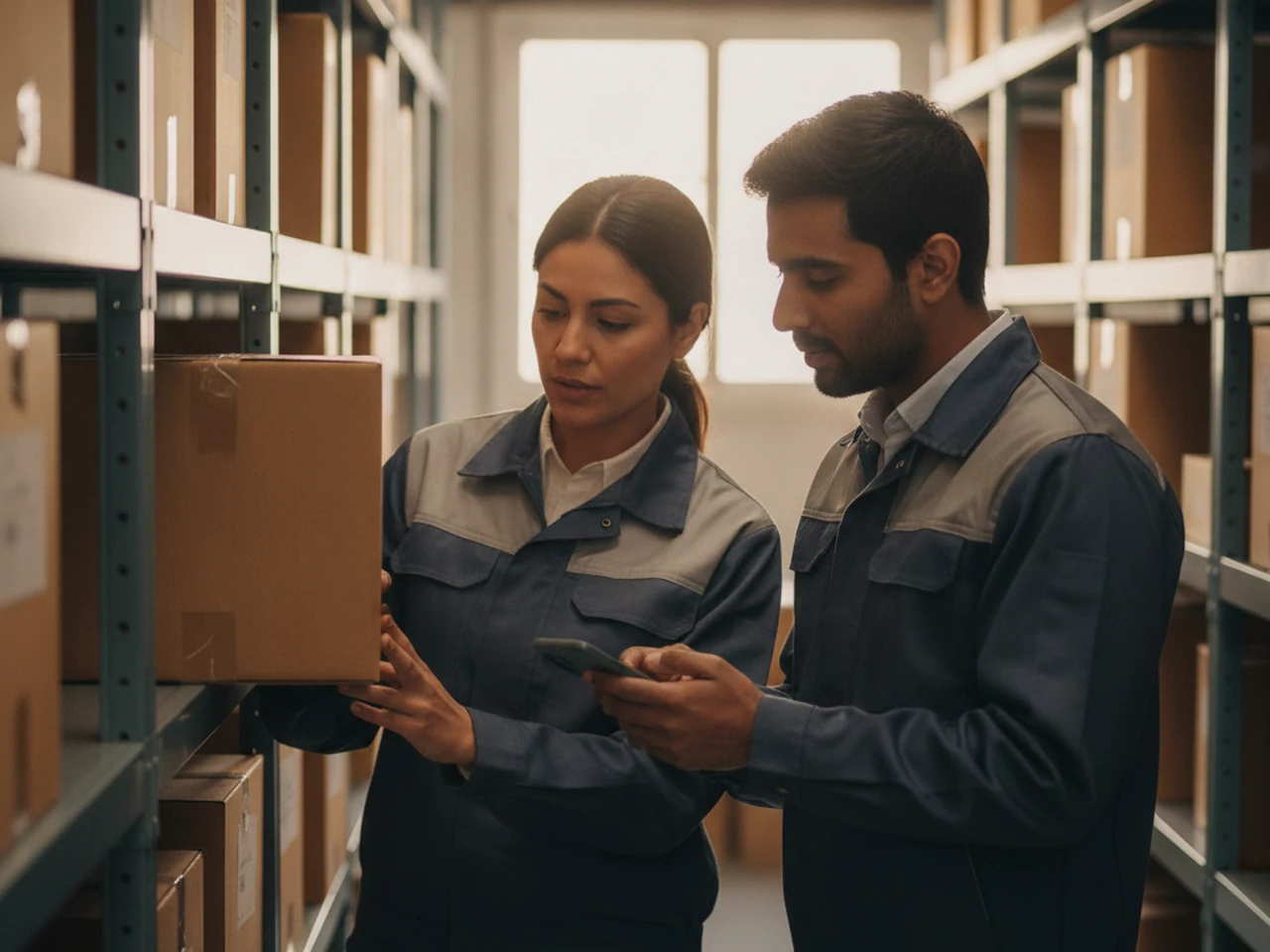 Warehouse manager scanning a box’s barcode on a shelf with her phone to record stock in the inventory