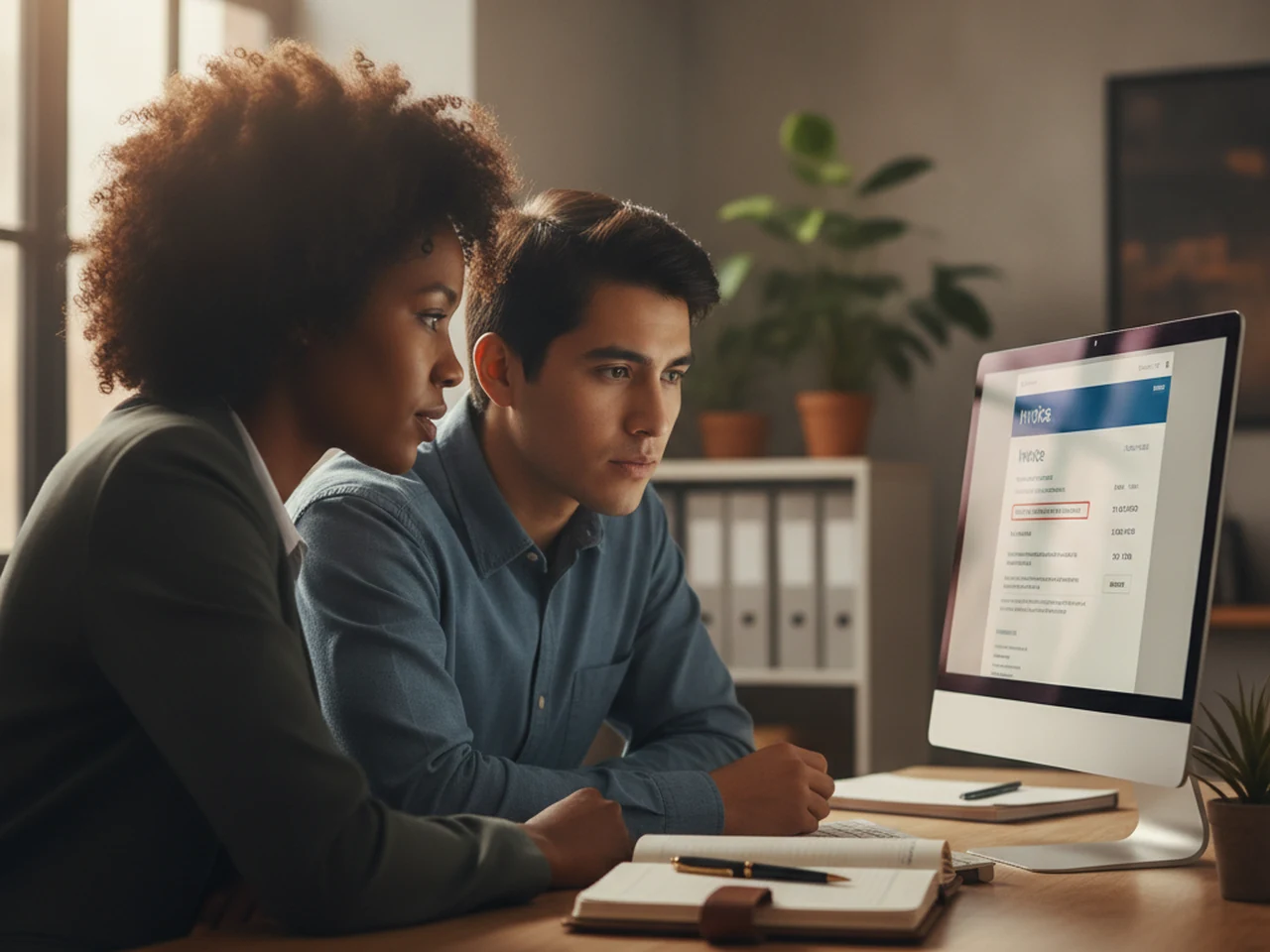 Two people review an invoice and a customer’s outstanding balance on a screen to record a payment and collect what is overdue