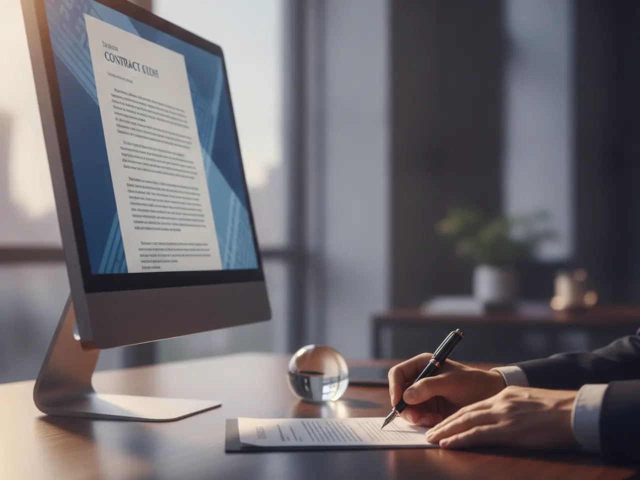 Signing a printed contract next to a monitor showing a legal document template
