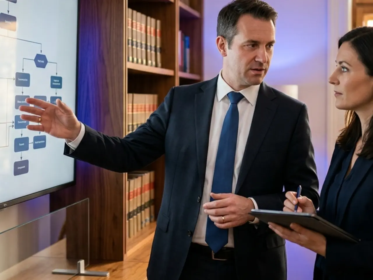 Two lawyers in front of a screen showing a case’s stage diagram, with a library behind them