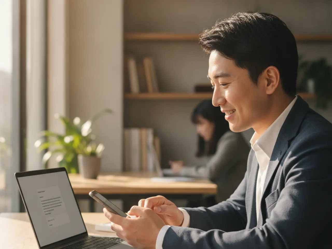 Young professional smiling while messaging his team on his phone, laptop open beside him