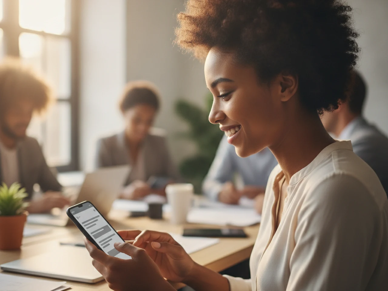 Funcionária sorrindo enquanto consulta algo no chat do celular em um escritório aberto iluminado, com colegas trabalhando desfocados ao fundo