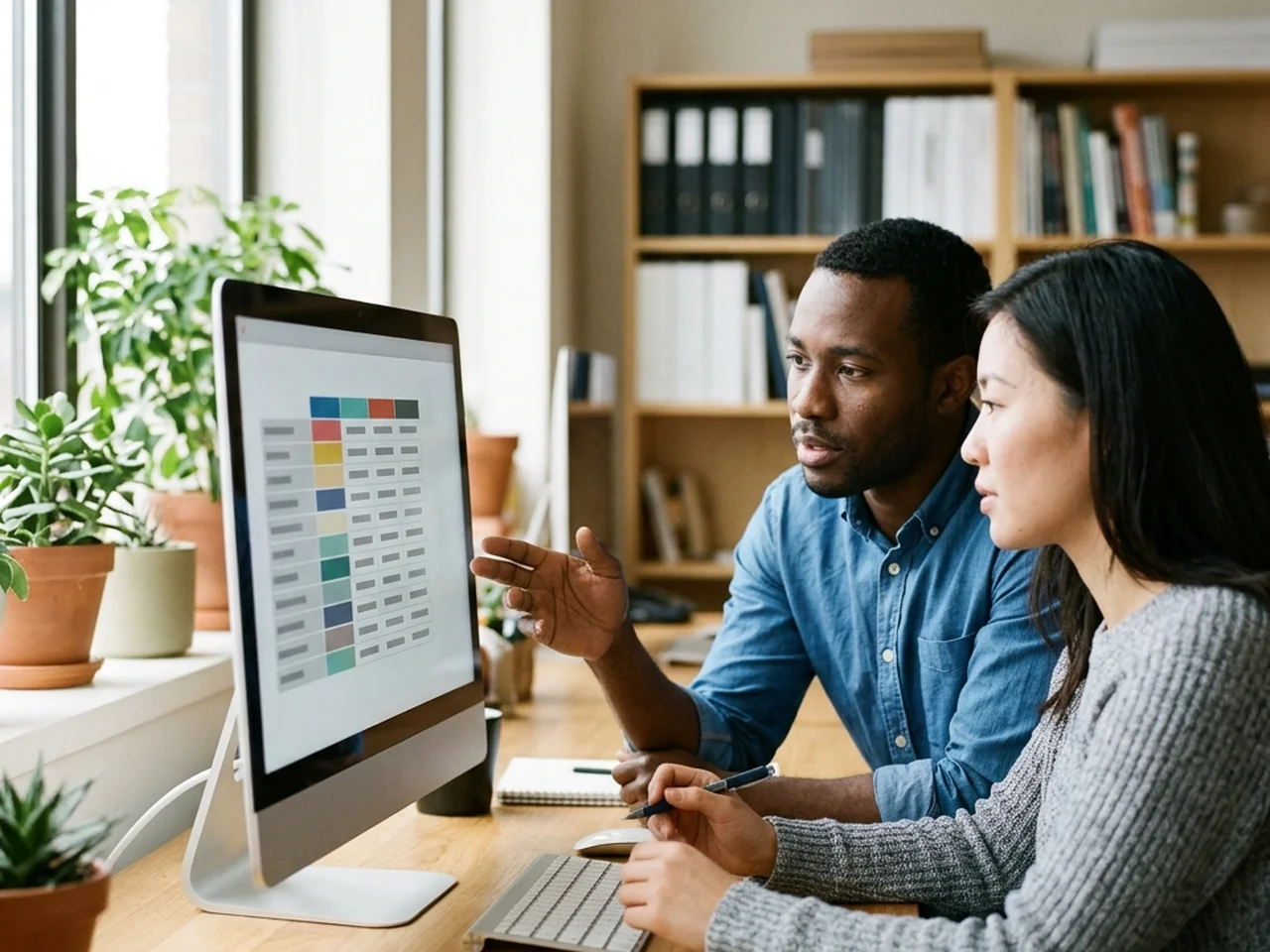Two people reviewing a price list by quantity and currency on a computer before sending a quote to a customer