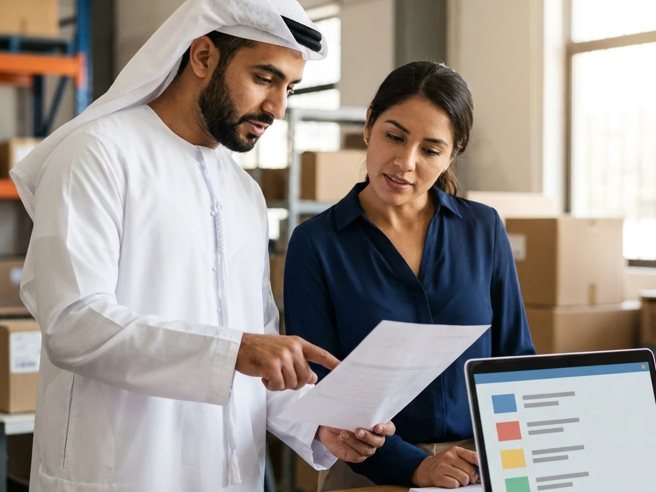 Purchasing manager and an assistant reviewing a printed purchase order together beside a laptop with the supplier list, in a bright warehouse