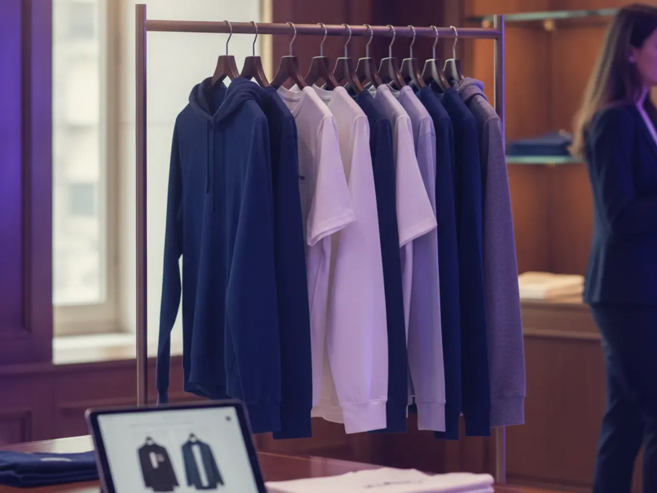 Showroom de vêtements d’entreprise avec un portant et une tablette affichant le catalogue
