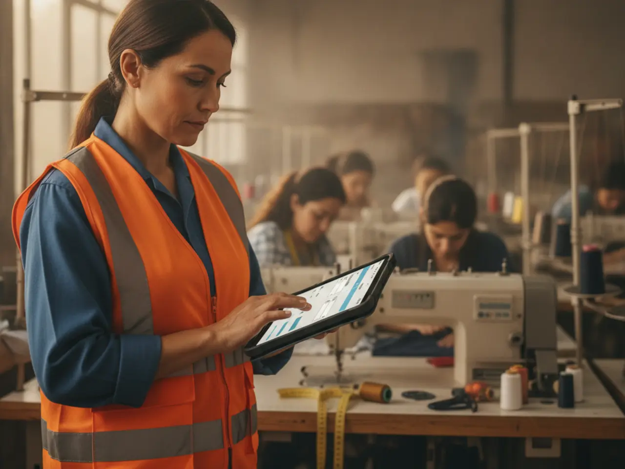 Supervisor in a high-visibility vest logging production on a tablet in a sewing workshop