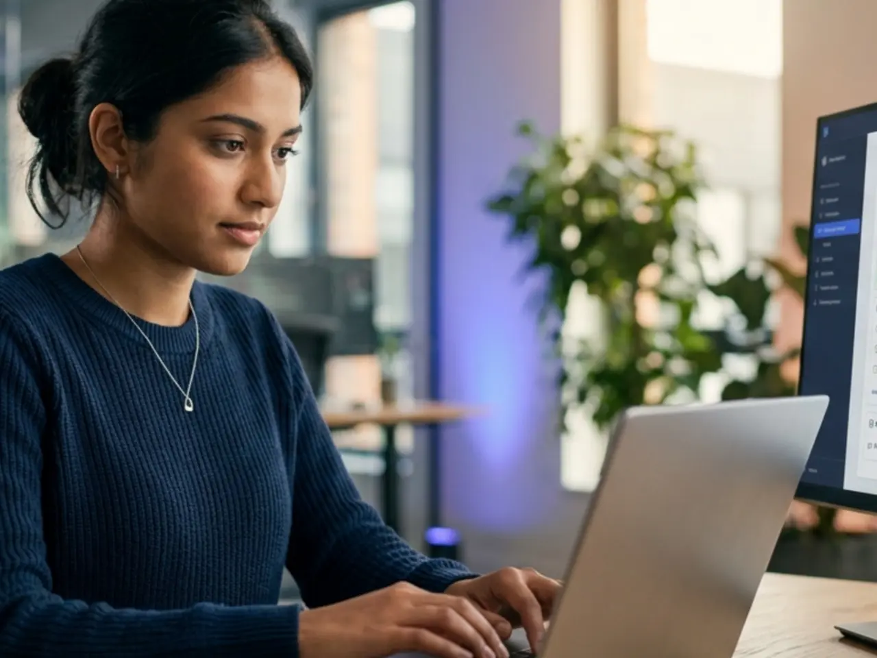 Professional working on her laptop, seen from the side, with a screen showing the work plan carried out by AI agents