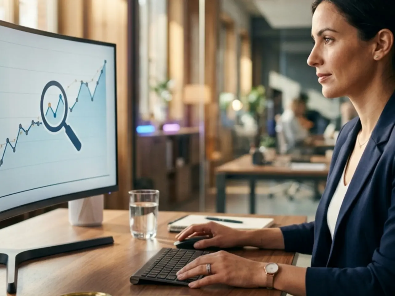 Specialist in front of a monitor with a search ranking chart and a magnifying glass on the desk