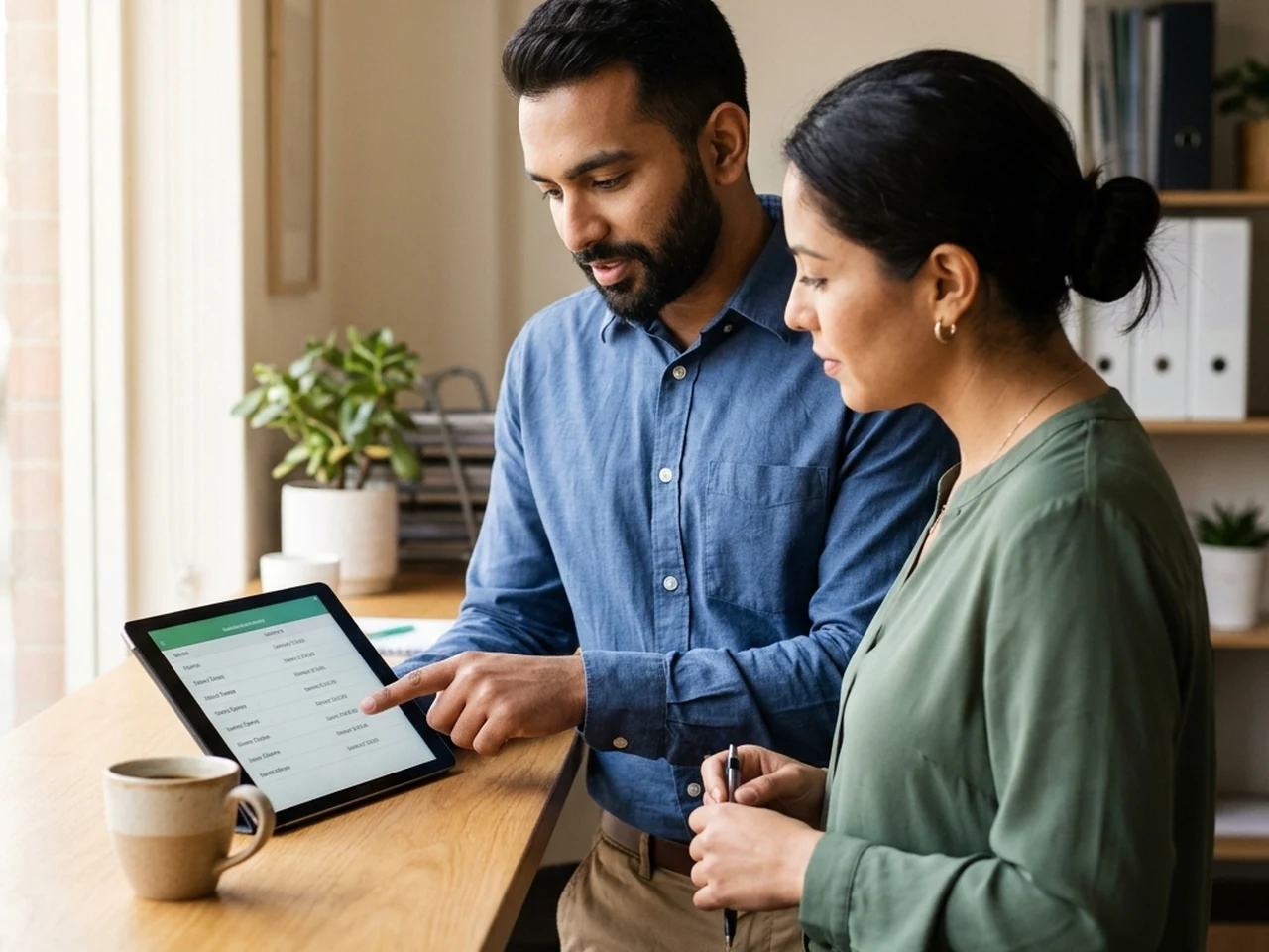 Two people review on a tablet their customers’ subscription contracts, with upcoming invoices and recurring revenue