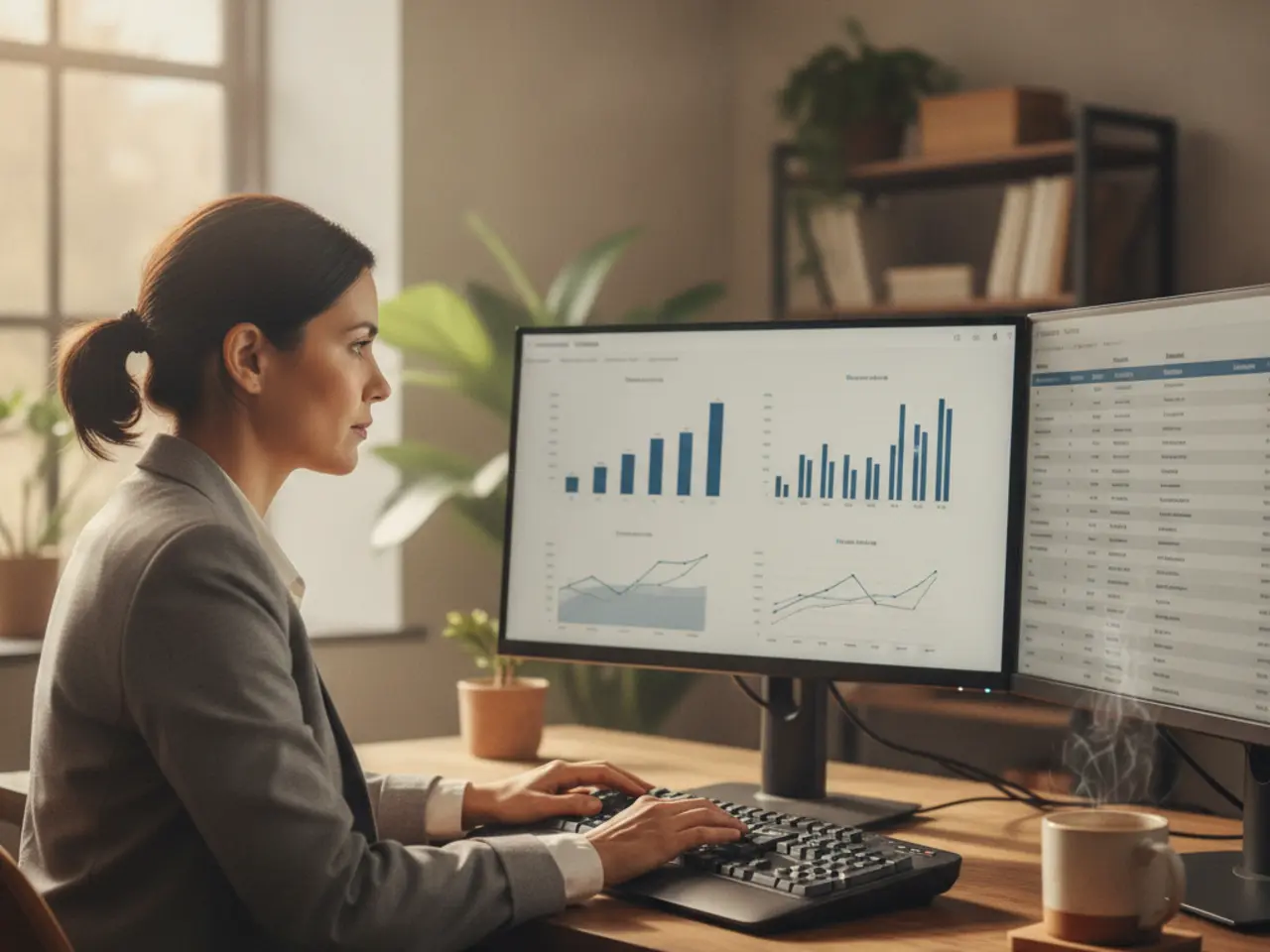 Operations leader reviewing metrics charts and audit logs on two monitors