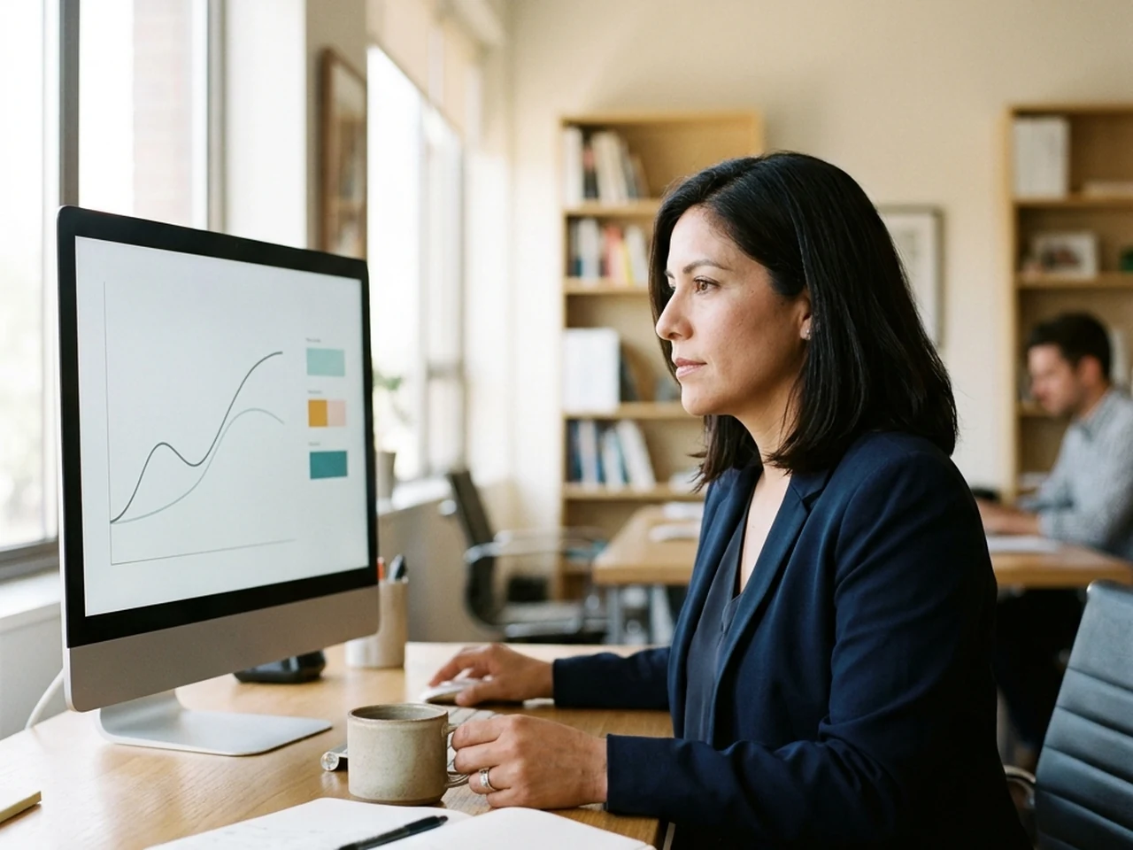 Finance director reviewing on a monitor a curve forecasting the next weeks of cash, with a coffee cup and a notebook on the desk