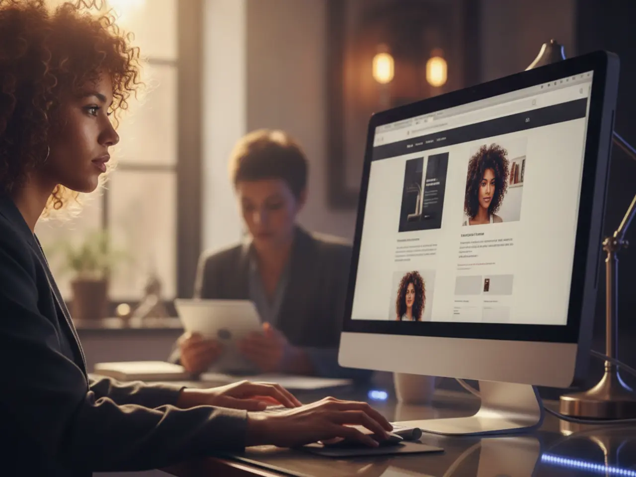 Entrepreneur editing her company website on a desktop computer